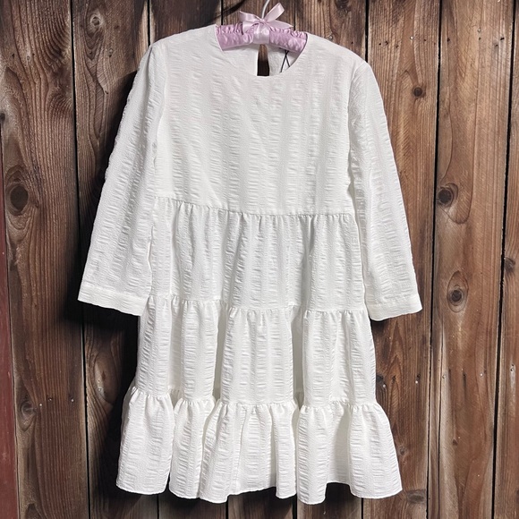 Zara Dresses & Skirts - NWOT - Zara White Tiered 3/4 Cuffed Sleeves Flowy Swing Dress Size S